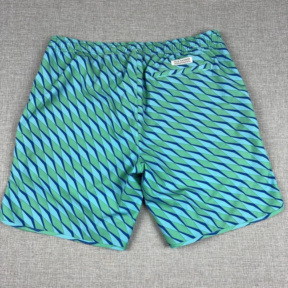 Fair Harbor Swim Shorts Mens Large Blue Green Geometric Trunks Lined Stretch